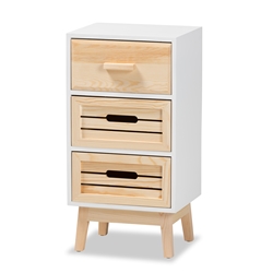 Baxton Studio Kalida Mid-Century Modern Two-Tone White and Oak Brown Finished Wood 3-Drawer Storage Cabinet